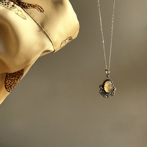 Çiçek Motifli Sarı Kuvars 925 Gümüş Kolye