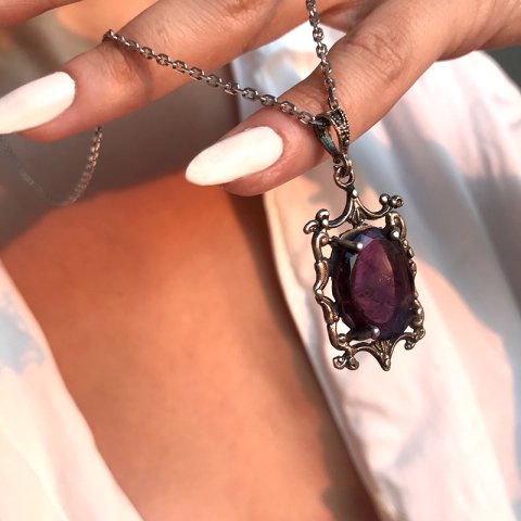 Dörtgen Kafesli Ametist Taş 925 Gümüş Kolye