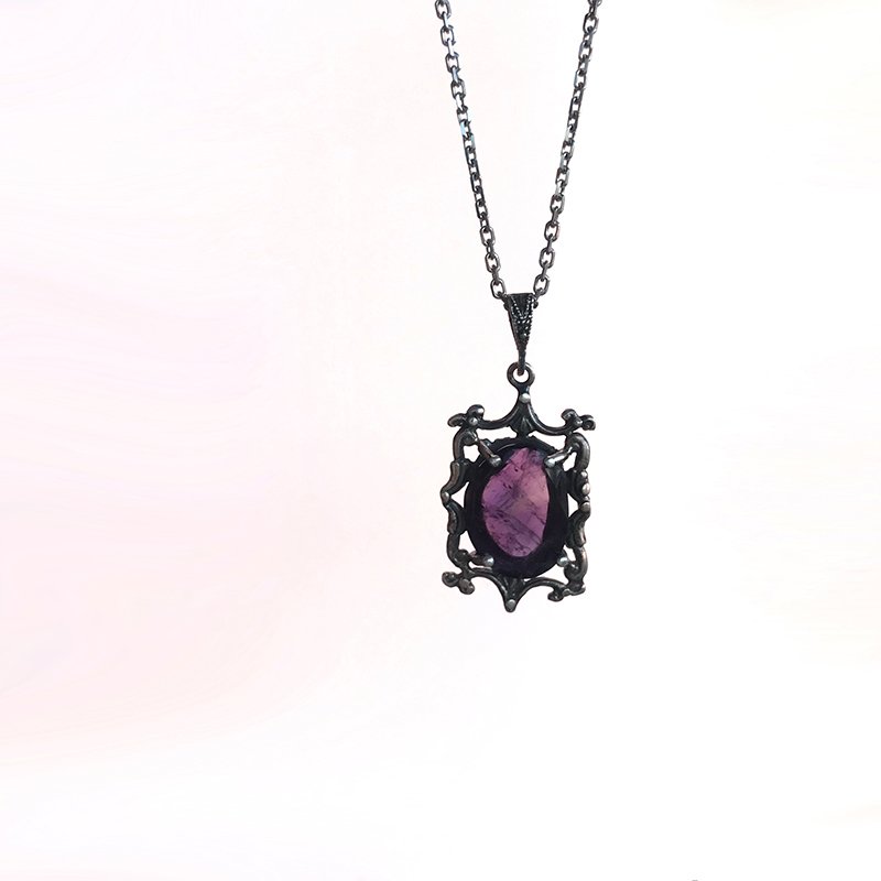 Dörtgen Kafesli Ametist Taş 925 Gümüş Kolye