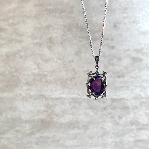 Dörtgen Kafesli Ametist Taş 925 Gümüş Kolye