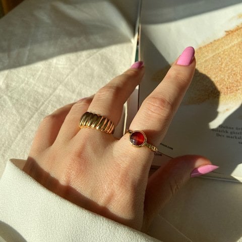 Bordo Akik Taşlı Minimal Yüzük