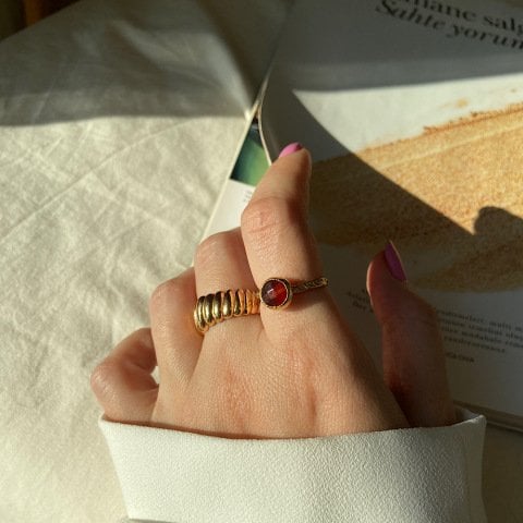 Bordo Akik Taşlı Minimal Yüzük